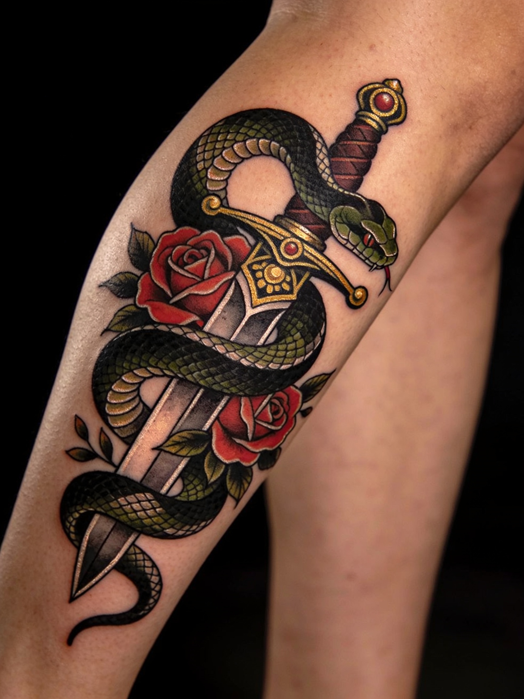 Neo-traditional snake and dagger tattoo